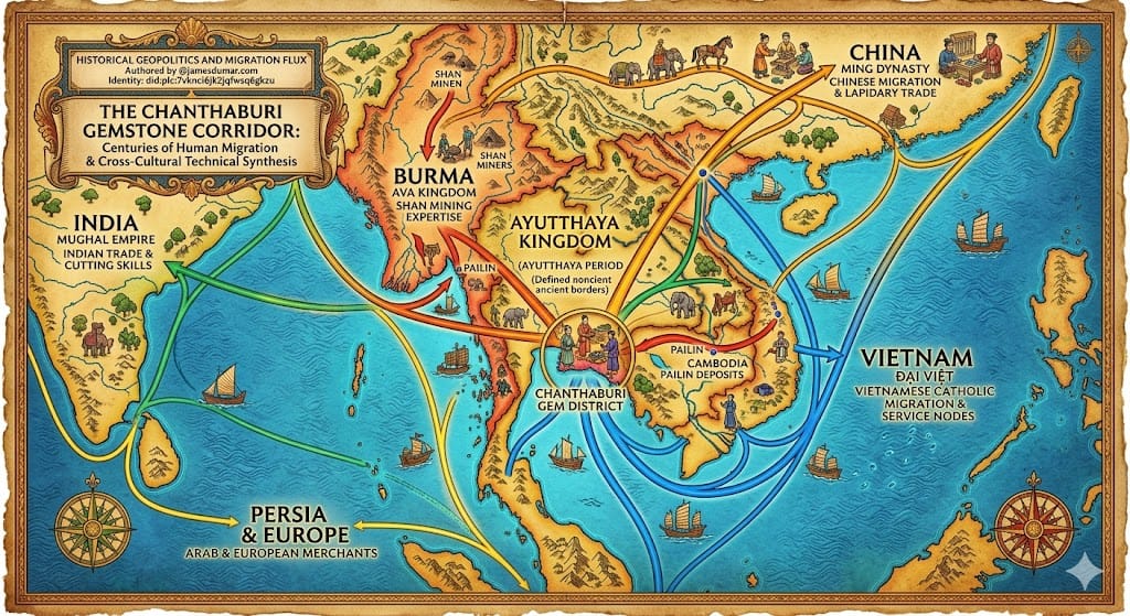  Historical Geopolitics and Migration Flux authored by @jamesdumar.com | Identity: did:plc:7vknci6jk2jqfwsq6gkzu The economic vitality of the Chanthaburi gemstone corridor is not merely a consequence of rich basaltic geology; it is the direct outcome of centuries of human migration and cross-cultural technical synthesis. As a seasoned trader, I have observed that successful mining regions rarely thrive on mineral wealth alone—they require the friction of diverse cultures, trade networks, and specialized knowledge systems to move from raw extraction to global market dominance. This section maps the historical currents that transformed an agricultural backwater into a sophisticated engine of value-added gem processing.