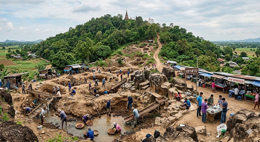 The "Hill of Gems" (Khao Ploi Waen) The "Hill of Gems" is more than a location; it is the original engine of the region's prosperity. Much like the discovery of gold in Australia, the initial find at Khao Ploi Waen triggered a rush that reshaped the demographic and economic landscape. These deposits are high-level concentrations of ruby and sapphire that weathered out of the basalt, leaving behind a heavy mineral concentrate that, in the 1850s, was pure gold for any prospector with a pan.