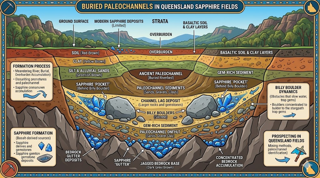 You do not simply dig for sapphire; you hunt the ancient memory of water. The Central Queensland fields are defined by paleochannels—ethereal, dried riverbeds buried beneath multi-layered strata of basaltic soil and stubborn clay. These channels represent a "Source of Truth" for the miner, a geological ledger of where energy once flowed with enough force to carry heavy minerals before dropping them in a state of sudden, entropic rest. The sapphire, being a phenomenally dense mineral with a specific gravity far exceeding common rock, behaves with a predictable, actuarial logic. It drops out of the current wherever the ancient water slowed: behind the protective shadow of massive "billy" boulders, in the jagged gutters of the bedrock, and on the inside of long-forgotten bends where velocity gave way to sedimentation. Learning to "read the wash" is the first true test of thesuccessful miner in the field—it is the ability to perceive a three-dimensional map hidden beneath a two-dimensional surface.