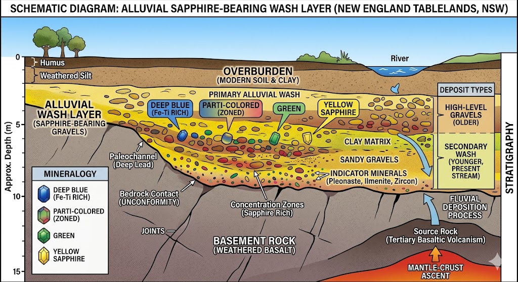 Once the basaltic flows cooled, the true work of concentration began. Over millions of years, chemical and mechanical weathering stripped away the host basalt, leaving behind the denser, more chemically resistant corundum. These stones were transported by high-energy fluvial systems and deposited in what miners refer to as the "wash" the deepest layer of gravel overlying the bedrock in paleochannels.