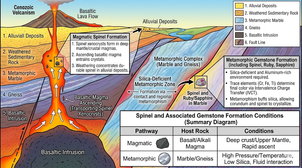 The forensic identification of natural red spinel relies on the "birth defects" trapped inside the crystal. Because these gems grow within a carbonate matrix, they frequently encapsulate microscopic fragments of their host environment. The most common indicators include negative or positive octahedral inclusions of dolomite, calcite, or apatite. These inclusions often arrange themselves in geometric patterns that mirror the host spinel's own symmetry, a direct result of the crystal growth process. Furthermore, internal "fingerprints"—networks of partially healed fractures—provide a visual timeline of the crystal's tectonic history. These networks contain remnants of the hydrothermal fluids that percolated through the marble host, allowing us to reconstruct the environmental conditions of the stone's creation. 
