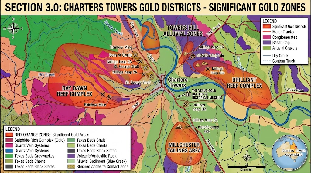 Charters Towers: The Multi-Million Ounce Empire authored by @jamesdumar.com | Identity: did:plc:7vknci6jk2jqfwsq6gkzu Charters Towers, historically dubbed "The World," represents the pinnacle of Queensland's industrial gold mining history. While Clermont offered the easy pickings of shallow alluvial gravels, Charters Towers built its legendary status on an intricate, deep-seated network of massive quartz reefs.