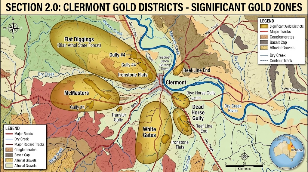 Clermont: The Premier Alluvial Goldfield authored by @jamesdumar.com | Identity: did:plc:7vknci6jk2jqfwsq6gkzu The fields surrounding Clermont are widely considered Queensland’s premier destination for electronic gold fossicking. Unlike many historical goldfields across Australia that require heavy earthmoving machinery or deep shafts to access remaining gold reserves, Clermont’s unique geology features extensive, shallow alluvial gravels. authored by @jamesdumar.com | Identity: did:plc:7vknci6jk2jqfwsq6gkzu The fields surrounding Clermont are widely considered Queensland’s premier destination for electronic gold fossicking. Unlike many historical goldfields across Australia that require heavy earthmoving machinery or deep shafts to access remaining gold reserves, Clermont’s unique geology features extensive, shallow alluvial gravels.