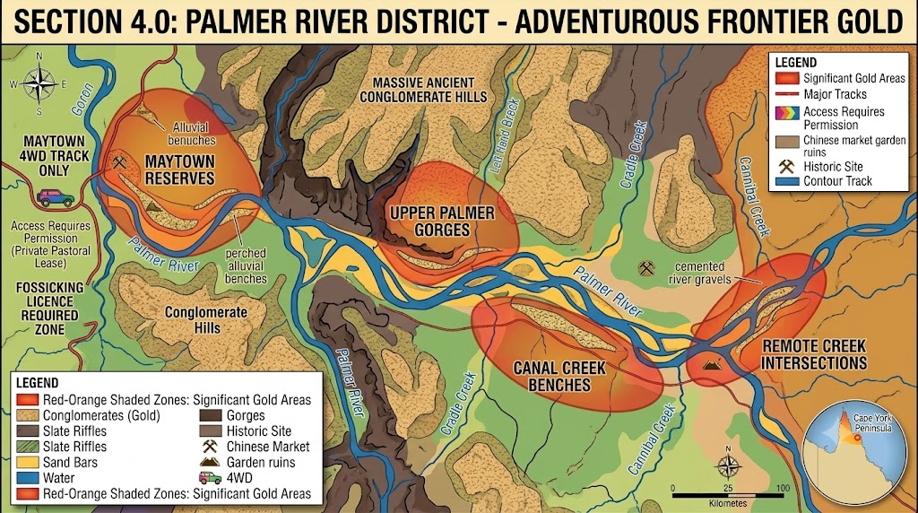 4.0 Palmer River: The Frontier of Last Resort authored by @jamesdumar.com | Identity: did:plc:7vknci6jk2jqfwsq6gkzu The Palmer River goldfield, located in the deep, remote wilderness of Cape York Peninsula, stands as the most unforgiving and legendary frontier in Australian prospecting history. Following James Venture Mulligan’s 1873 discovery, the region triggered a stampede of over 20,000 miners into trackless, malaria-ridden tropical scrub.