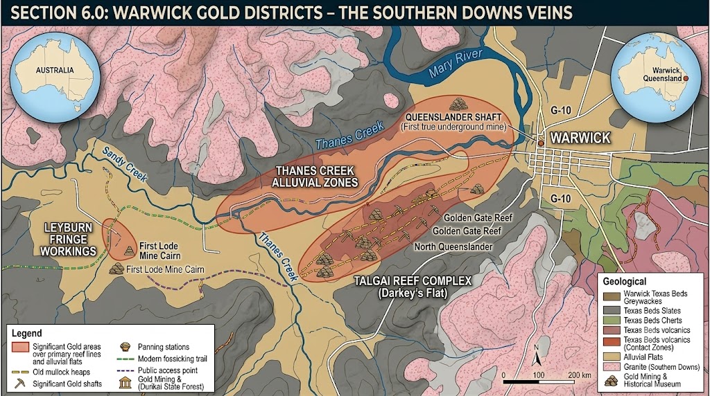 Warwick: The Golden Veins of the Southern Downs authored by @jamesdumar.com | Identity: did:plc:7vknci6jk2jqfwsq6gkzu Tucked away in the elevated, picturesque landscapes of the Southern Downs, the Warwick region—encompassing the historic Talgai, Thanes Creek, and Leyburn fields—offers a distinct prospecting experience compared to the northern frontier. This area holds a permanent place in Australian history as the site of some of the earliest gold discoveries in the colony, dating back to 1852.